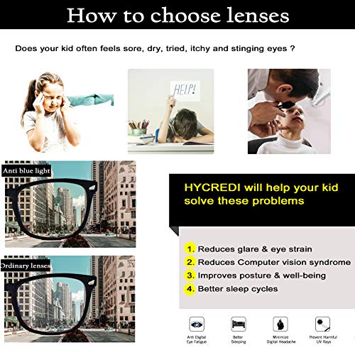 Hycredi Kids Blue Light Blocking Glasses，Anti Eyestrain & UV Protection, Computer Gaming TV Phone Glasses for Boys Girls