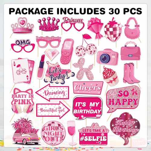 30Pcs Pink Girl Birthday Photo Booth Props with Sticks,Hot Pink Girls Birthday Party Decoration Supplies for Girls Women D...
