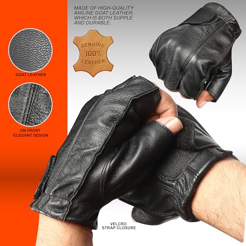 MC Gear Premium Leather Motorcycle Gloves for Men Fingerless Biker Gloves with Gel Palm and Wrist Strap