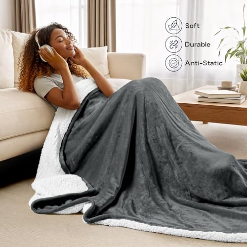 Utopia Bedding Sherpa Blanket Queen Size (Grey, 90x90 Inches) - Soft Lightweight Plush Fleece Reversible Blanket for Bed, ...