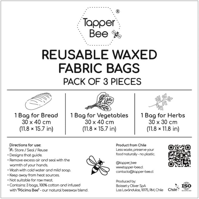 Reusable Beeswax Bags – Set of 3 Bread & Herb Storage Wraps – Waxed Cotton, Plastic-Free, Handmade in Chile by Tapper Bee