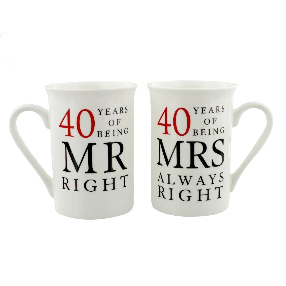 Happy Homewares Ivory White 40th Anniversary Mr Right & Mrs Always Right Ceramic Mug Gift Set