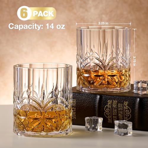 Hlukana Unbreakable Plastic Whiskey Glasses Set of 6, 14 Oz Old Fashioned Glasses for Scotch Cocktail Rum Bourbon Vodka Li...