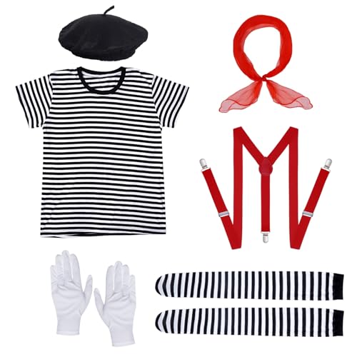 mifengda Woman Mime Costume Halloween Adult Men French Mime Artist Costume Outfit Accessories for Dress Up Cosplay Party