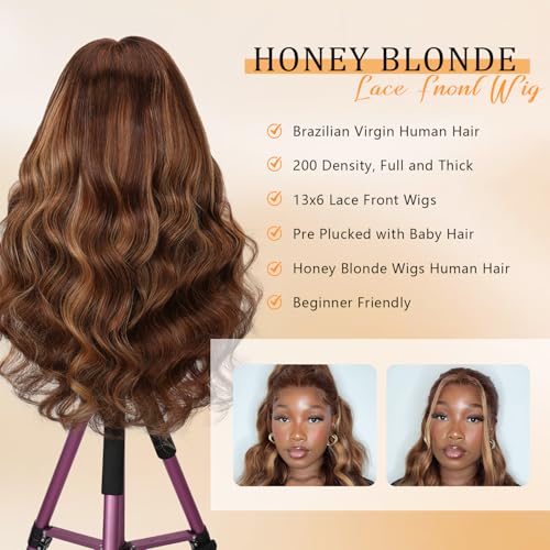 13x6 Honey Blonde Body Wave Lace Front Wigs Human Hair Pre Plucked 200% Density 4/27 Ombre Frontal Wigs HD Lace Front Wig Glueless Highlight Wigs for Black Women Human Hair Bleached Knots 20 inch