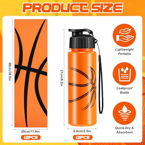 Olgaa 24 Pcs Sport Party Favors 12 Pcs Reusable Basketball Water Bottle Bulk 20 oz 12 Pcs Soft Cooling Towels Sports Acces...