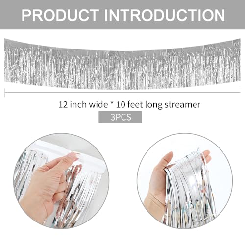 BEISHIDA 3 Packs 30 Feet Metallic Foil Fringe Garland Tinsel Streamers，Shiny Silver Wall Hanging Tinsel Fringe Banners for...
