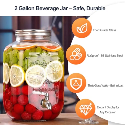 2 Gallon Drink Dispensers for Parties, Beverage Dispensers with Stand, Glass Water Jug Dispenser, with 18/8 Stainless Stee...