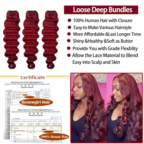99j Burgundy Human Hair Bundles with Closure Loose Deep Wave 12 14 16+12inch 99j Burgundy Win Red Colored Human Hair with 4x4 HD Lace Closure,10A Brazilian Raw Quick Loose Wave Bundles