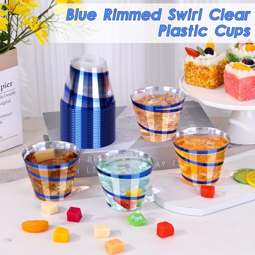 Dualshine 100 PCS Blue Rimmed Swirl Clear Plastic Cups, 9 oz Disposable Plastic Wine Glasses, Heavy Duty Cocktail Glasses ...
