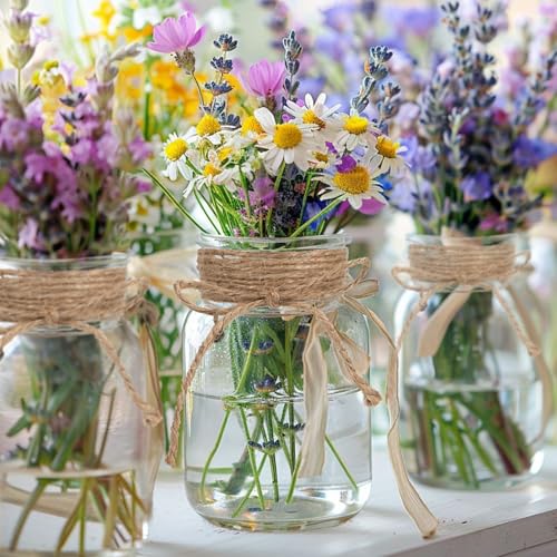 Vintage Glass Flower Vase，12 Pack Farmhouse Transparent White Glass Centerpiece Vases Mason Jars for Weddings, Parties & H...