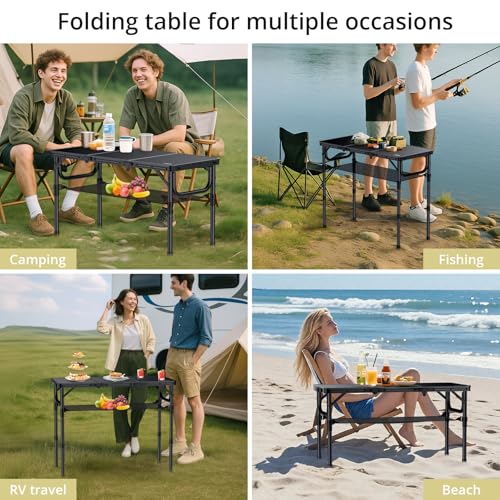 Anbte Folding Camping Table with Storage Net, 3ft Camping Table Aluminum Folding Table with 3 Adjustable Height Max 27.5 I...