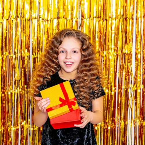 2 Pack Gold Backdrop Birthday Decorations Foil Curtain Backdrop Gold Streamers Dance Party Decorations Photo Booth Props f...