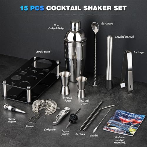 Cocktail Shaker Set Bartender Kit : 15-Piece Stainless Steel Bartender Kit with Acrylic Stand Bars Set with All Practical ...