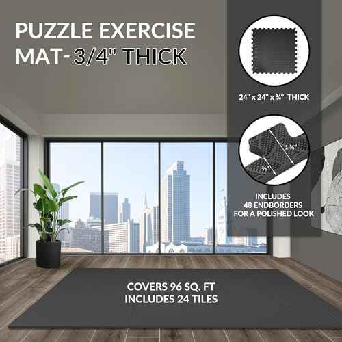 Fitvids Puzzle Exercise Gym Flooring Mat, 3/4" Thick High-Density EVA Interlocking Tiles, Workout Mat for Home Gym, Fitness Equipment, MMA, Gymnastics, 24-Piece Shock-Absorbing Exercise Mat (96 Sq Ft)