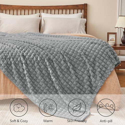 BEDELITE Updated Grey Throw Blanket for Couch and Bed- Super Soft and Warm 3D Checkered Fluffy Fuzzy Fleece Blanket, Luxur...