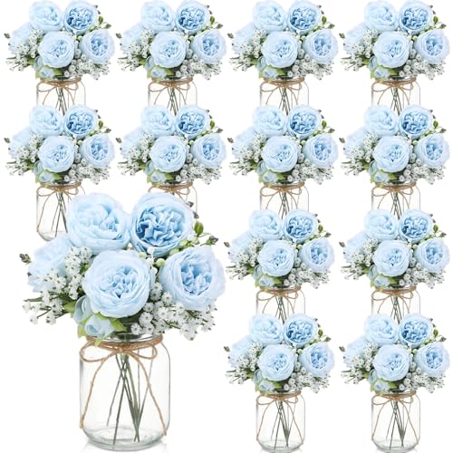 Zeyune 12 Sets Mason Jar Centerpiece Table Decorations, Artificial Peony Baby's Breath Flower Bouquets, Faux Flowers with ...