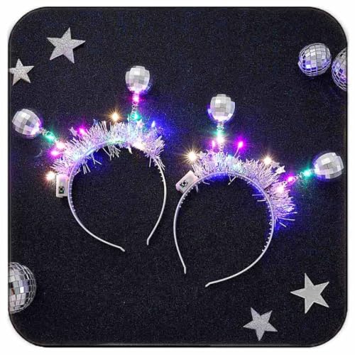 DRESBE Light Up Disco Ball Headbands Silver LED Alien Headband Glow Party Hair Accessories for Women(2pcs)