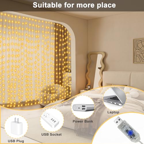 echosari 300 LED Curtain Lights, 9.8Ft x 9.8Ft USB Plug in Christmas Fairy Curtain Lights with Remote, Hanging String Ligh...