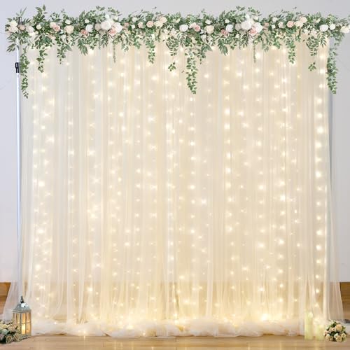 10ft x 10ft Champagne Tulle Backdrop Curtain with Lights String for Parties Wedding Bridal Shower Sheer Champagne Curtain ...