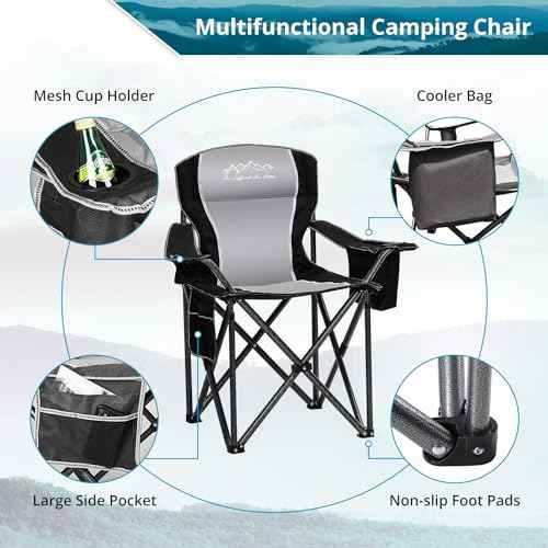 SAILARY Folding Camping Chair, Heavy Duty Portable Lawn Chairs with Cooler Bag, Side Pocket & Cup Holder, Folding Chairs for Outside Support 450lbs Black
