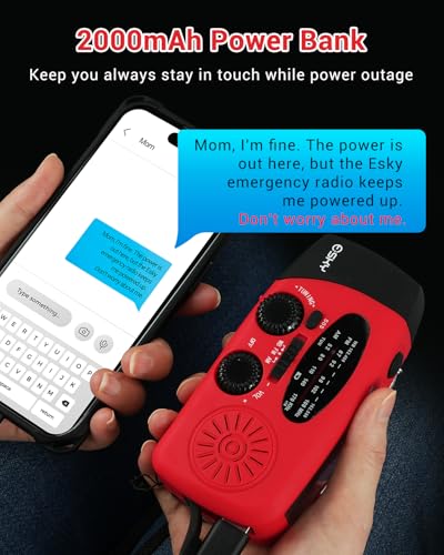 Esky Emergency Hand Crank Radio 7400mWh with 3 LED Flashlight, AM/FM/NOAA Portable Weather Radio with Power Bank Phone Cha...
