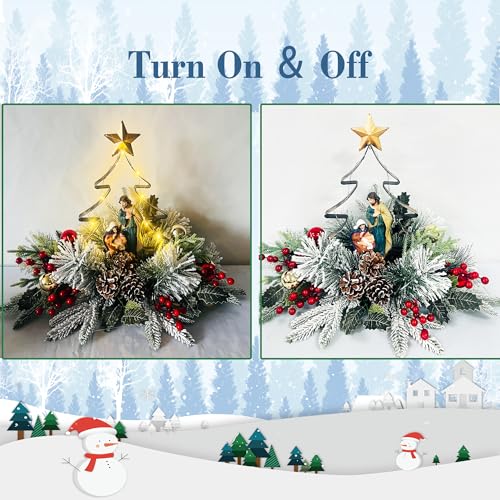 Eksen Nativity LED Tabletop Christmas Tree Centerpiece, Holy Family Scene with Warm Lights, Snowy Pine & Red Berry Accents...