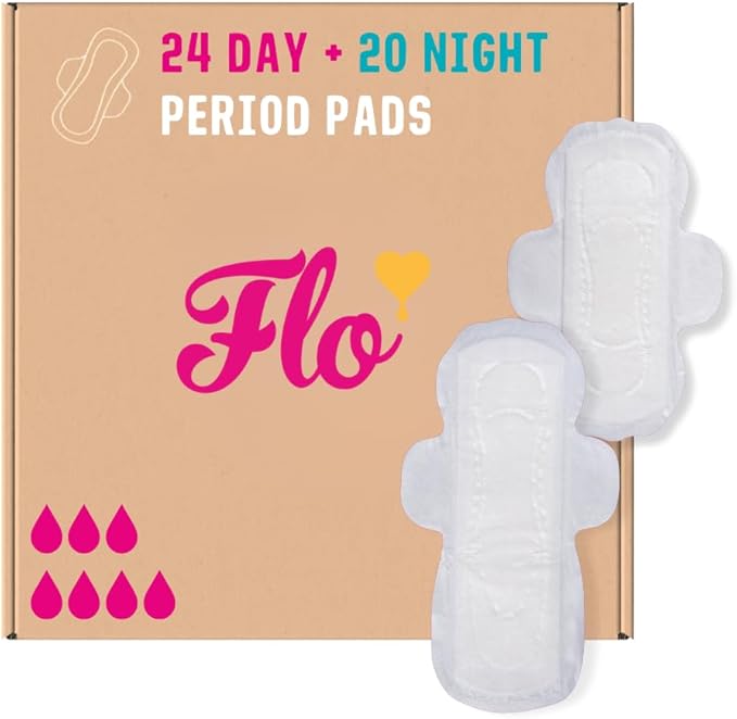 Flo - Day + Night Menstrual Pads (24 Day + 20 Night) - Winged + Ultra Thin - Natural, Absorbent, Soft, & Breathable - Organic Bamboo Period Pads for Women - Plant Based - Vegan & Cruelty Free
