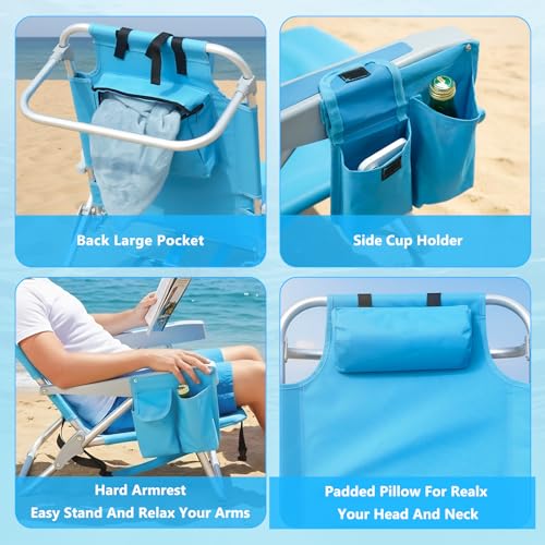 Backpack Beach Chairs for Adults, Heavy Duty Compact Portable Lay Flat Folding Chair with Backpack Straps and Large Pocke...