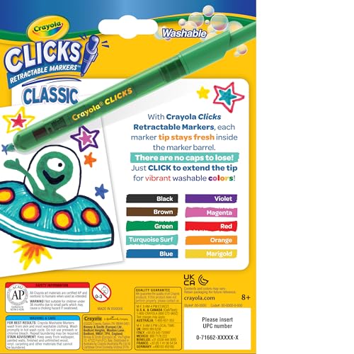 Crayola Clicks Retractable Tip Markers (10ct), Stocking Stuffers for Kids & Toddlers, Cone Tip Washable Art Marker Set, Co...