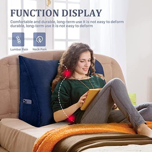 Wedge Headboard Pillow Dorm Room Reading Pillow Back Support for Sitting Up in Bed Bolster Lumbar Cushion Body Positioning Bedrest Corduroy (Navy Blue, Full (54 * 8 * 20in))