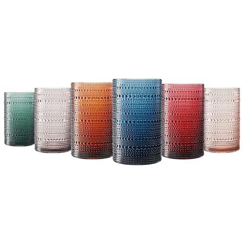 Khen Plastic Hobnail Drinking Highball Glasses Set of 6 Neutral Tones Cups 14oz, Shatterproof & Unbreakable Acrylic Beaded...