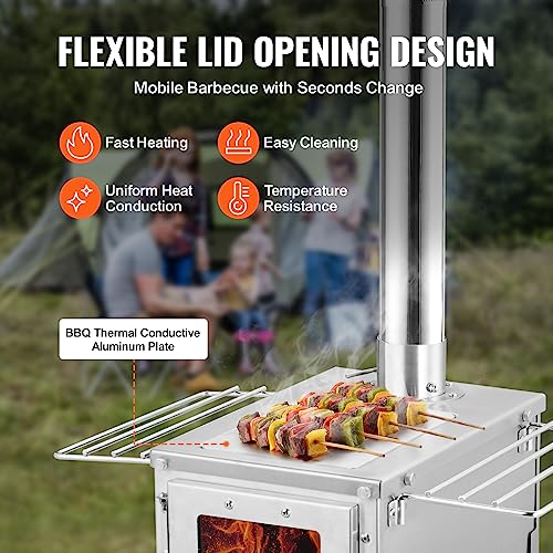VEVOR Camping Wood Stove Stainless Steel Camping Tent Stove, Portable Wood Burning Stove with Chimney Pipes & Gloves, 700i...