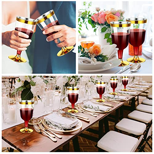 CHENGU 100 Pcs Plastic Wine Glasses 7 oz Gold Rimmed Mini Stemware with Removable Base for Wedding Parties Birthday Annive...