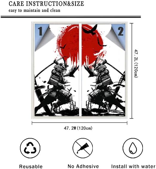 Japanese Samurai Stained Glass Film Watercolor Ink Samurai Sword Red Sun Printwindow Tinting Film for Home,Window Film Stained Glass 23.6Wx47.2L-Inch X2Pcs
