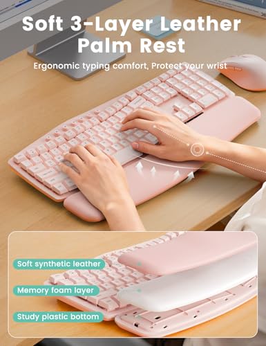 Pink Quiet Wireless Keyboard and Mouse Combo, 2.4G Ergonomic Wave Key Board with Cushioned Plam Rest, Full-Size Soft Typin...