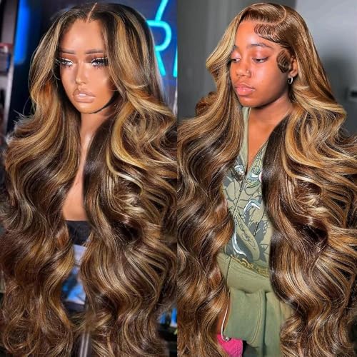 Durya Honey Blonde Ombre Lace Front Wig Human Hair Highlight Body Wave Lace Front Wigs Human Hair Pre Plucked Glueless 5x5 HD Lace Closure Wig for Women 4/27 Colored 250 Density 28 Inch