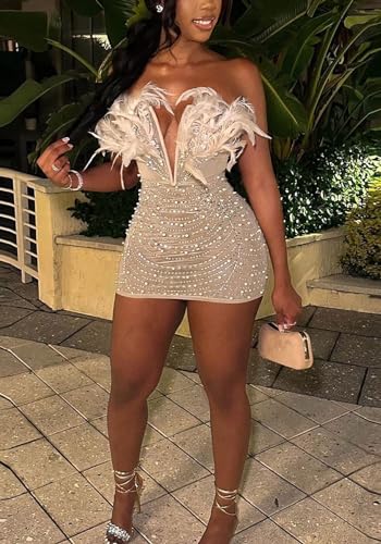 Geulis Women's Sexy Strapless Dress See Through Feather Rhinestone Mini Dress Bodycon Birthday Dresses with Thongs