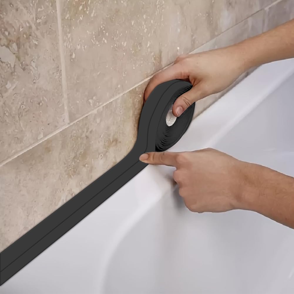 Black Waterproof Caulking Tape Self Adhesive, Tub Shower CaulkTape, Bathtub Caulk Strip Sealer Trim Bath Floor Tile Wall Toilet Caulk, Bathroom Accessories, Kitchen Tape, Better Than Silicone Caulk