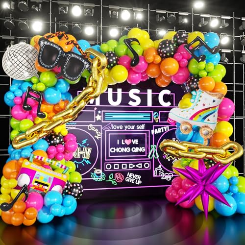 90s 80s Disco Theme Party Decorations, 171Pcs Balloon Arch Kit with Retro Disco Ball Radio Glasses Roller Skate Musical No...