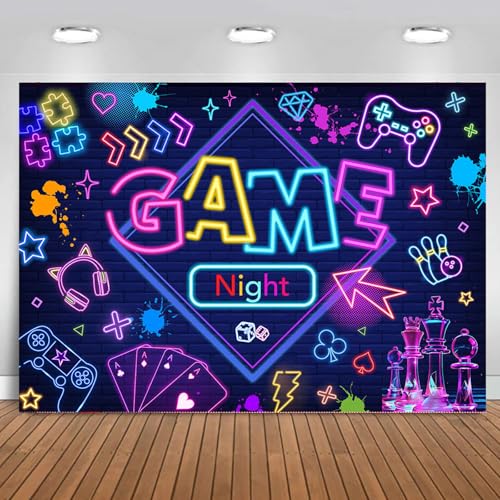 Mocsicka Game Night Backdrop Banner Glow Gaming Birthday Party Decorations for Adults Kids 7x5ft Chess Board Video Game On...