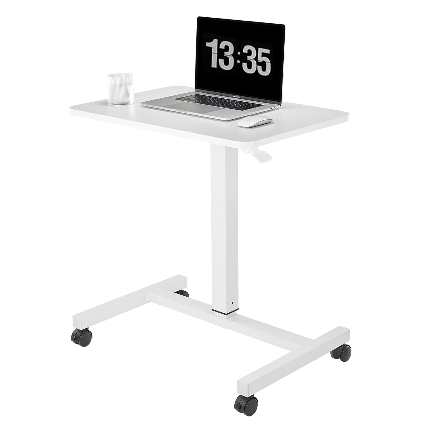 CLATINA Round Edge Design Elegant Mobile Laptop Desk Pneumatic Sit to Stand Table, Height Adjustable Rolling Cart with Lockable Wheels for Home Office Computer Workstation, 28" x 19" White