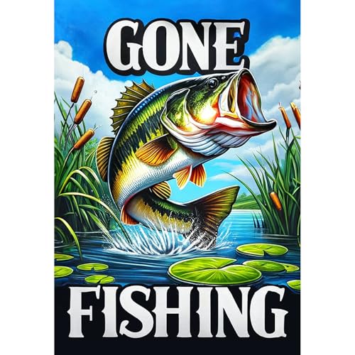 America Forever Gone Fishing Bass Garden Flag, 12.5 x 18 inch Double Sided, Lake Adventure Banner, Outdoor Fishing Decor, ...