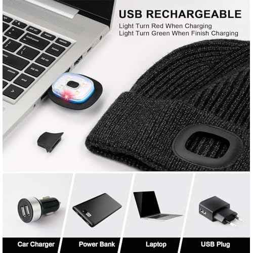 Wmcaps Unisex Hat with Light, USB Rechargeable LED Beanie, Winter Warm Knitted Headlamp Hat Gifts for Men Him Dad Husband