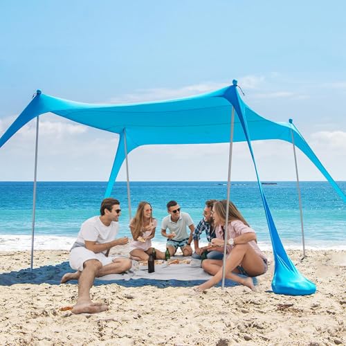 AMMSUN Beach Tent Portable Sun Shelter,9X 9ft Beach Canopy Easy Setup, 9'x9'Lycra Sun Shelter with UPF50+ Protection 4 San...