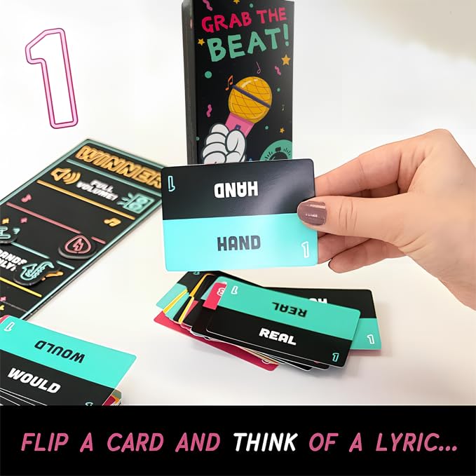Bazil Bazos Grab The Beat! - 125 Lyric Cards, Prop Mic, for 2-10 Players - Ideal for Game Nights & Gifts