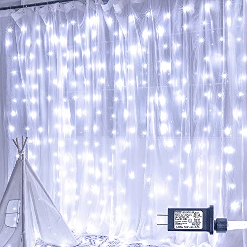 Oopswow 304L Curtain String Lights, 9.8ft x 9.8ft 8 Modes for Bedroom, Hanging Twinkle Fairy Plug-in Window Backdrop for C...