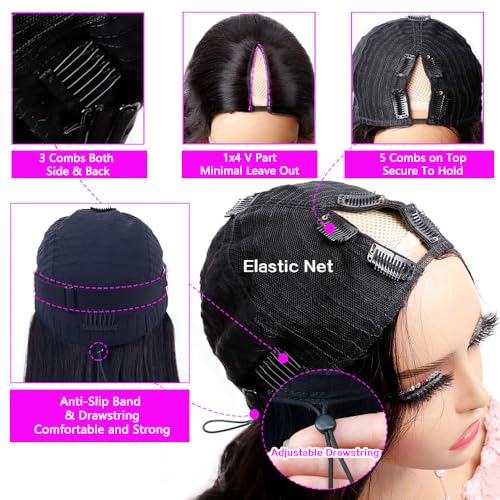 Xagujpo Glueless V Part Wig Human Hair Body Wave for Black Women Upgrade U Part Human Hair Wig 100% Beginner Friendly No Sew In No Glue 180% Density Natural Color (18 inch)
