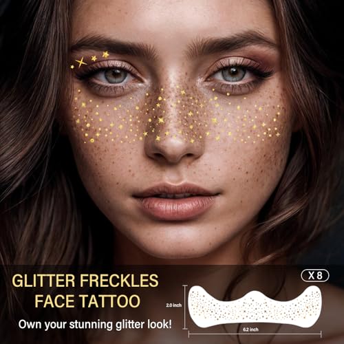 8 Pcs Gold Face Makeup Patches, Gold Glitter Freckles Face Tattoo, Glitter Freckles, Sparkle Makeup Patches, Waterproof Fa...