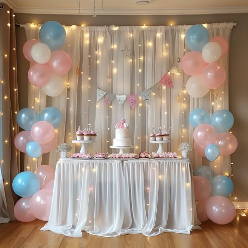 Fomcet Tulle Backdrop Curtains with Lights String White 10FT X 8FT Sheer Curtain with Lights Tulle Curtains Backdrop for W...